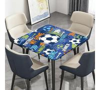 Highdi Waterproof Square Tablecloth Cover - Oxford Cloth - Elastic Fitted for Kitchen/Garden Rectangular Tables, Football Print Stain-Resistant Wipe-Clean Table Cover (Match Game,100x100cm)