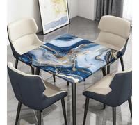 Highdi Waterproof Square Tablecloth Cover - Oxford Cloth Elastic Fitted for Kitchen/Garden Rectangular Tables, 3d Marble Print Stain-Resistant Wipe-Clean Table Cover (blue gold,176x176cm)