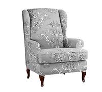 Highdi Wingback Chair Covers 2-Piece Stretch Wing Armchair Slipcover, Vintage Baroque Pattern Washable Spandex Sofa Cover Furniture Protector for Living Room Bedroom Hotel (Grey)