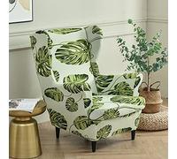 Highdi Wingback Chair Covers 2-Piece Stretch Wing Chair Cover for Armchair, Washable Sofa Chairs Slipcover Spandex Fabric Furniture Protector for Living Room Bedroom Hotel (Green Monstera)