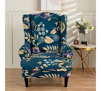 Highdi Wingback Chair Covers 2-Piece Stretch Wing Chair Slipcover, Luxurious Baroque Strandmon Sofa Cover Furniture Protector for Armchair Chairs Living Room Bedroom Hotel (Navy plants)
