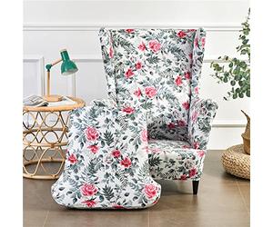 Highdi Wingback Chair Covers 2-Piece Stretch Wing Chair Slipcover, Luxurious Rose Flower Strandmon Sofa Cover Furniture Protector for Armchair Chairs Living Room Bedroom Hotel (olive green)