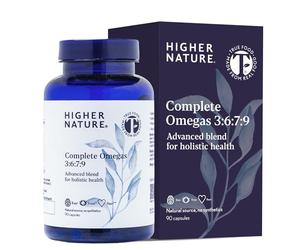 Higher Nature Complete Omegas 3:6:7:9 - True Food® Formula - Fish Oils with Borage Oil & Virgin Olive Oil - Supports Vision, Brain Function & Cardio Health - Omega 3 6 7 9 Fatty Acids - 90 Capsules