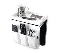 HigherGen Anti Slip Armchair Caddy w/Detachable Wooden Snack Tray PU Leather Armrest Cup Holder Remote Control Holder (White), 10.5Wx30L