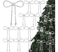 Highergo 12 Pcs 5.1 Inch Christmas Rhinestone Bow Ornaments Metal Xmas Sliver Bow Tree Hanging Ornament Pendant Decoration Gift for Christmas Tree Fireplace Garland Decoration