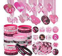 Highergo 150 Pcs Breast Cancer Awareness Party Favors Set 50 Button Pins Badges 50 Pink Ribbon Bead Necklaces 50 Silicone Bracelets for Breast Cancer Awareness Party Supplies