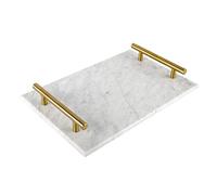 HighFree Marble Stone Decorative Tray, Handmade Nightstand Tray, Marble Platter Catchall Tray with Copper-Color Metal Handles for Counter, Vanity, Dresser, Nightstand and Desk (White)