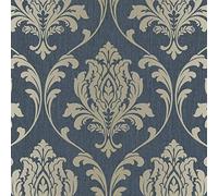 Highgrove Damask Duplex Wallpaper Navy/Gold Rasch 274997