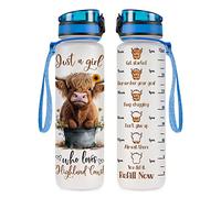 Highland 34HD Cow Water Bottle, 32oz Tritan Plastic, Motivational Quote & Time Marker, Gift for Women, Sports and Daily Use