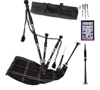 Highland Black Silver Mounts Bagpipe Set - Complete Package with Drone Set, Practice Reeds, Tutor Book, Carry Bag & Tartan Designs (Scottish National)