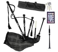 Highland Black Silver Mounts Bagpipe Set - Complete Package with Drone Set, Practice Reeds, Tutor Book, Carry Bag & Tartan Designs (Grey Watch)