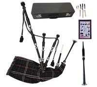 Highland Black Silver Mounts Bagpipe Set | Complete Package with Drone Set Practice Reeds Tutor Book Carry Hard Case | Traditional Scottish Tartan Design (Scoland Of National)