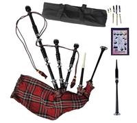 Highland Black Silver Mounts Bagpipe Set - Complete Package with Drone Set, Practice Reeds, Tutor Book, Carry Bag & Tartan Designs (Royal Stewart)