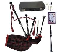 Highland Black Silver Mounts Bagpipe Set | Complete Package with Drone Set Practice Reeds Tutor Book Carry Hard Case | Traditional Scottish Tartan Design (MacDonal)