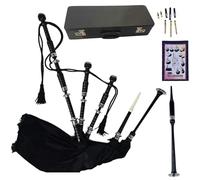 Highland Black Silver Mounts Bagpipe Set | Complete Package with Drone Set Practice Reeds Tutor Book Carry Hard Case | Traditional Scottish Tartan Design (Black Velvet)
