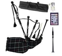 Highland Black Silver Mounts Bagpipe Set - Complete Package with Drone Set, Practice Reeds, Tutor Book, Carry Bag & Tartan Designs (MacKenzie)