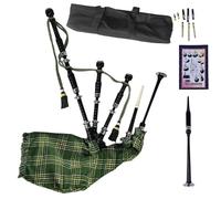 Highland Black Silver Mounts Bagpipe Set - Complete Package with Drone Set, Practice Reeds, Tutor Book, Carry Bag & Tartan Designs (Irish Green)