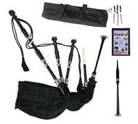 Highland Black Silver Mounts Bagpipe Set - Complete Package with Drone Set, Practice Reeds, Tutor Book, Carry Bag & Tartan Designs (Black Watch)