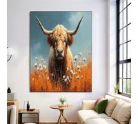 Highland Cattle Animal Oil Painting Canvas Wall Art Prints Frameless Pictures, Autumn Landscape Painting on Canvas Pictures for Living Room Bedroom Hallway Office Home Wall Decor (70×100 cm, Brown )