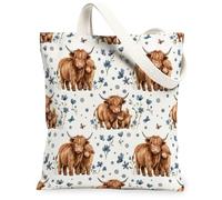 Highland Cattle Canvas Tote Bag for Women, Fanciful Rustic Flowers Butterflies Spring Brown Washable Reusable Aesthetic Tote Bag for Shopping Brunch Park Library Day Trips 13x15 Inch