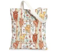 Highland Cattle Canvas Tote Bag for Women, Farmhouse Rustic Flowers Butterflies Spring Pastel Orange Washable Reusable Ever, Pastel Orange, 13x15 Inch