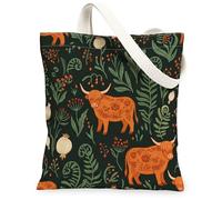 Highland Cattle Canvas Tote Bag for Women, Folk Natural Leaves Berries Fall Green Washable Reusable Everyday Tote Bag Ideas, Green, 13x15 Inch