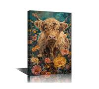 Highland Cattle Canvas Wall Art Painting Flowers Cattle on His Head Wall Decor for Living Room Abstract Pictures Print on Canvas Framed Modern Artwork for Home Wall Bedroom Decorations 36x24in