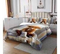 Highland Cattle Coverlet Set Single Size,Rustic Farmhouse Style Bedspread Fashion Room Decor for Kids Girls Boys,Cute Farm Animals Bedspread with 1 Pillowcase,Yellow Dark Grey