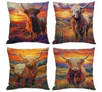 Highland Cattle Cushion Covers 50x50 cm Set of 4 Outdoor Cushions Garden Cushions Linen Throw Pillow Covers Sunset Double Sided Printing for Indoor Sofa Outdoor Patio Balcony Fall Decor,Gifts M115