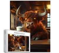Highland Cattle Drinking in a bar 1000 Piece Jigsaw Puzzles for Adults Medieval Tavern Art Jigsaw Puzzle Challenging Family Activity Games Colorful DIY Craft Puzzle for Home Decor Gifts 20×27 Inches