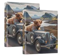 Highland Cattle Driving Car Three Ring Binder 1.5 Inch, Flexible D Ring Binders with Pockets, 3 Ring Binders for School, College, Office