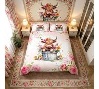 Highland Cattle Duvet Cover Set Double Size, Watercolor Flower Comforter Cover with 2 Pillowcases, Floral Farm Cow Bedding Set 3pcs for Kids Girls Adults Room Decor Lightweight Bedspread Cover