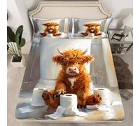 Highland Cattle Fitted Sheet Double Size,Rustic Farmhouse Style Bedding Set 3Pcs for Kids Girls Boys Room Decor,Cute Farm Animals Deep Pocket Sheet,2 Pillowcase,Yellow Dark Grey