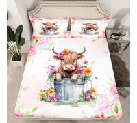 Highland Cattle Fitted Sheet King Size, Watercolor Flower Bed Cover with 2 Pillowcases, Floral Farm Cow Bedding Set 3pcs for Kids Girls Teen Room Decor, Soft Polyester Bedding