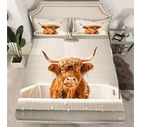 Highland Cattle Fitted Sheet Single Size,Farmhouse Animals Cowhide Bedding Set 2Pcs for Kids Girls Boys Room Decor,Simple Style Deep Pocket Sheet,1 Pillowcase,Light Grey White