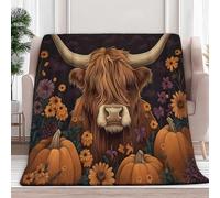Highland Cattle Flower Pumpkin Printed Flannel Fleece Throw Blanket, Double Super Soft Flannel Lightweight Fluffy Plush Fuzzy Bed Blanket for Bedding Sofa and Travel, Orange Color