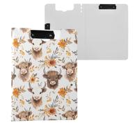 Highland Cattle Flowers Pattern Clipboard Folder, A4 Size Folder Clipboard with Pen Slot for Office School