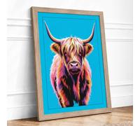 Highland Cattle Head Modern Framed Wall Art Print A4 (29.7×21cm) Oak, Wall Decor for Living Room, Bedroom, Office & Home, Ready to Hang, Art Gift
