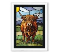 Highland Cattle in Pasture Rustic Framed Wall Art Print A2 (59.4×42cm) White, Wall Decor for Living Room, Bedroom, Office & Home, Ready to Hang, Art Gift
