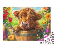 Highland Cattle Jigsaw Puzzle Joyful Cow in Bloom 1000pc Recycled Cardboard Stress Relief Quiet Time Hobby for Puzzle Enthusiasts Adults Couples Advanced Puzzlers 70x50cm/1000pcs