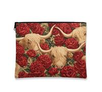 Highland Cattle Makeup Bag, Floral Rose Print Cosmetic Travel Pouch for Women, Portable Zip Organizer, Farmhouse Style Toiletry Bag for Spring Gifts, Red, 7x9 Inch, Highland Cattle