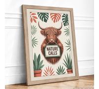 Highland Cattle Nature Calls Modern Framed Wall Art Print A2 (59.4×42cm) Oak, Wall Decor for Living Room, Bedroom, Office & Home, Ready to Hang, Art Gift