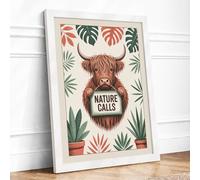 Highland Cattle Nature Calls Modern Framed Wall Art Print A4 (29.7×21cm) White, Wall Decor for Living Room, Bedroom, Office & Home, Ready to Hang, Art Gift