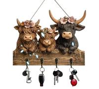 Highland Cattle Ornaments Key Holder 2D Flat Wall Mount Bullhead Animal Wooden Towel Hook Coat Hanger with 4 Hooks Black Cow Wall Decorative Key Rack for Entryway Hallway Farmhouse