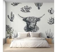Highland Cattle Photo Wallpaper, Cactus Highland Cow Wallpaper Mural, 500x350cm Wall Paper for Bedroom Living Room, Non-Woven Wall Mural Room Decor EL&D57