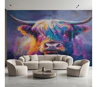 Highland Cattle Photo Wallpaper, Oil Painting Highland Cow Wallpaper Mural, 500x350cm Wall Paper for Bedroom Living Room, Non-Woven Wall Mural Room Decor EL&D55
