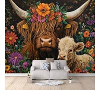 Highland Cattle Photo Wallpaper Plants and Flowers Animals Cows Wallpaper for Living Room Bedroom 300 × 210 cm / 118" × 82.6" - Non-Woven Premium Art Print Fleece Wall Mural Decoration Poster