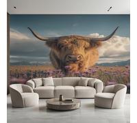 Highland Cattle Photo Wallpaper, Purple Flower Highland Cow Wallpaper Mural, 500x350cm Wall Paper for Bedroom Living Room, Non-Woven Wall Mural Room Decor EL&D55