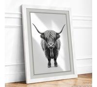 Highland Cattle Portrait Modern Framed Wall Art Print A1 (84.1×59.4cm) White, Wall Decor for Living Room, Bedroom, Office & Home, Ready to Hang, Art Gift