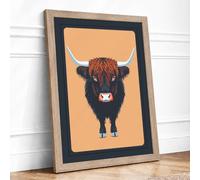 Highland Cattle Portrait Modern Framed Wall Art Print A3 (42×29.7cm) Oak, Wall Decor for Living Room, Bedroom, Office & Home, Ready to Hang, Art Gift